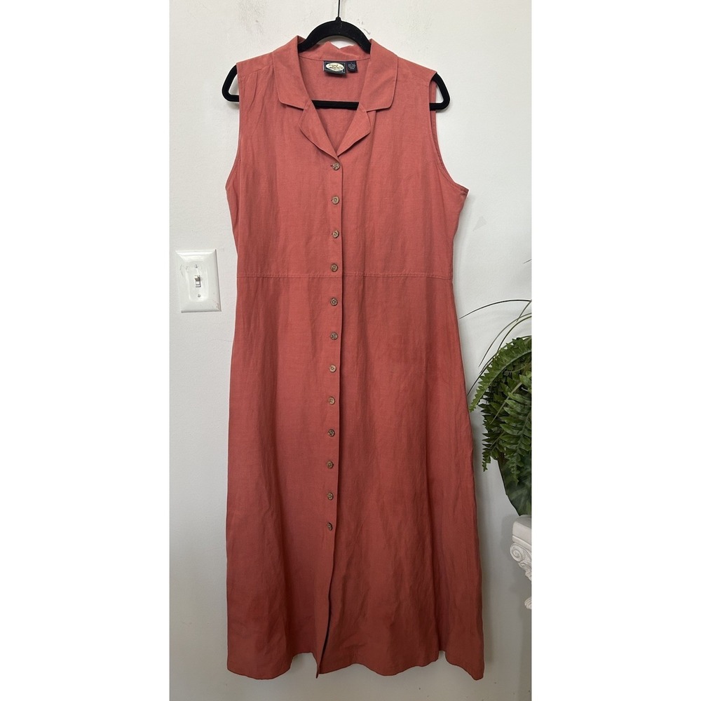 Vtg Tommy Bahama Silk Linen Shirt Dress Coral Minimalist Lagenlook Peach Sz L